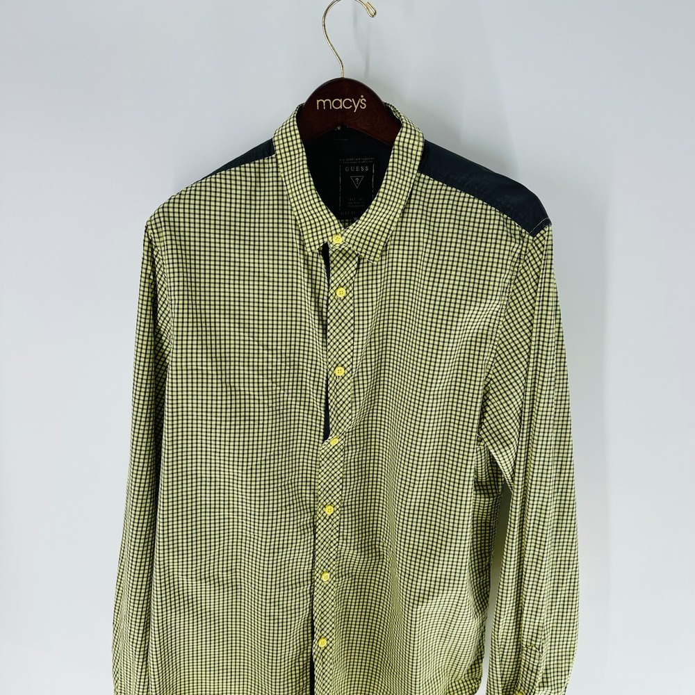 Guess Gingham Check Long Sleeve Classic Button-Up Shirt‎ Yellow Black Size XL